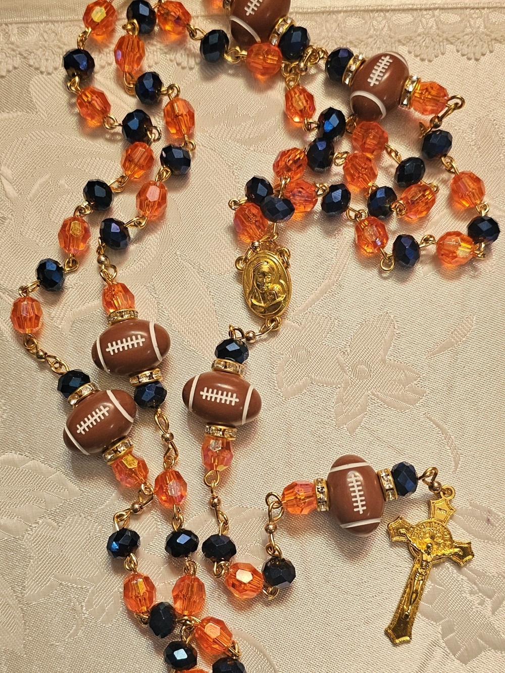 Denver Broncos Football Rosary Necklace - Orange & Navy